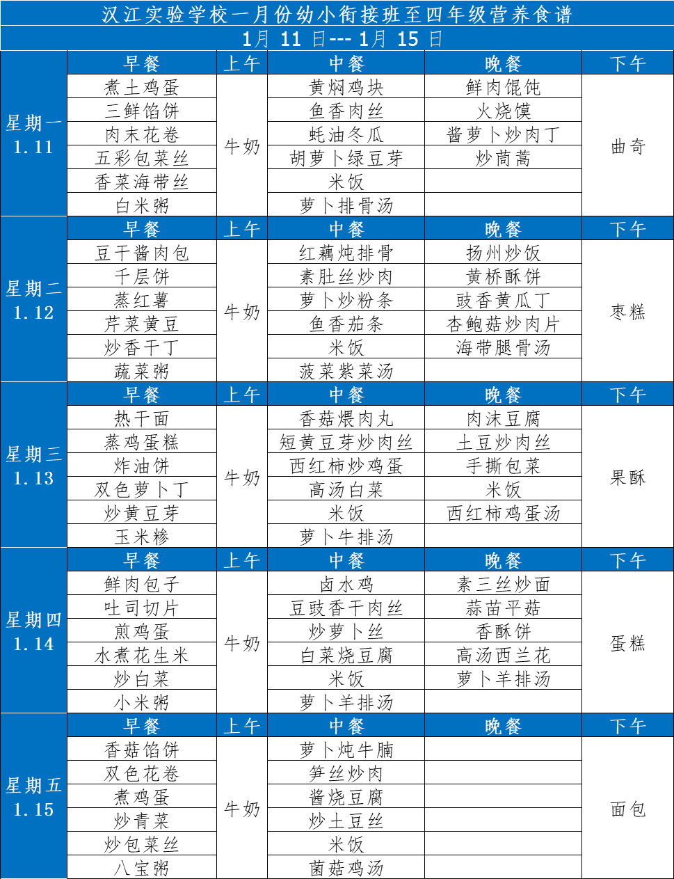 汉江实验学校2021年1月11日-2021年1月16日学生食谱公示